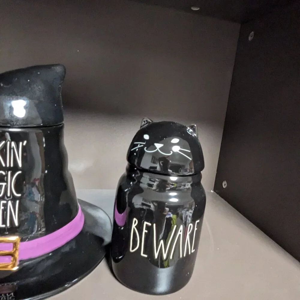 new RAE DUNN 7in Beware Cat Canister With Lid Halloween decor snack jar